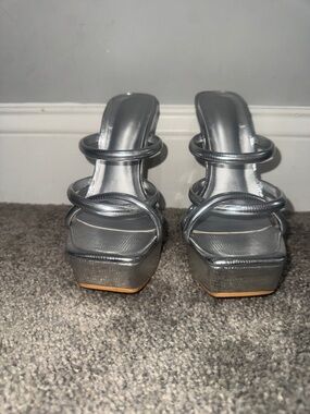 Silver Strappy Platform Heeled Sandals - Women's